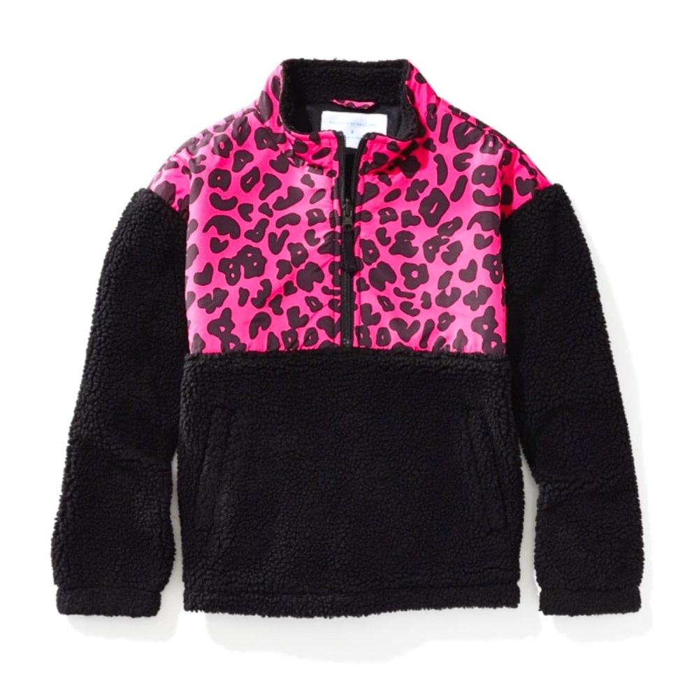 Rockets of Awesome Black & Pink Leopard Sherpa Half Zip Pullover Girls Size 10